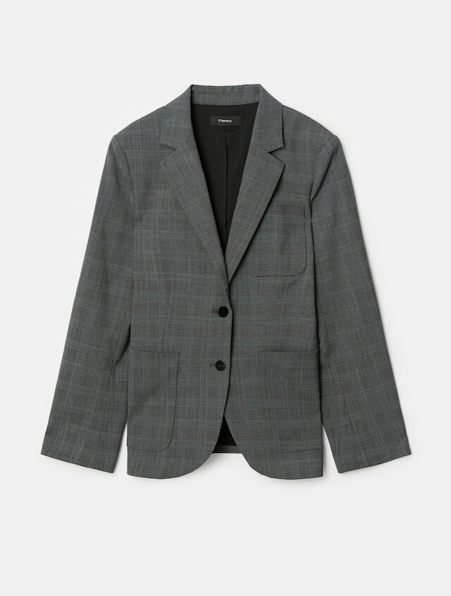 Women Classic Plaid Boyfriend Jacket - Grey Multi