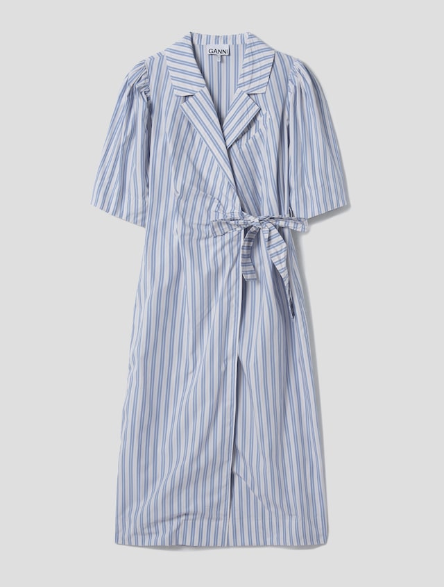 Stripe Cotton Drapy Wrap Dress - Sky Blue